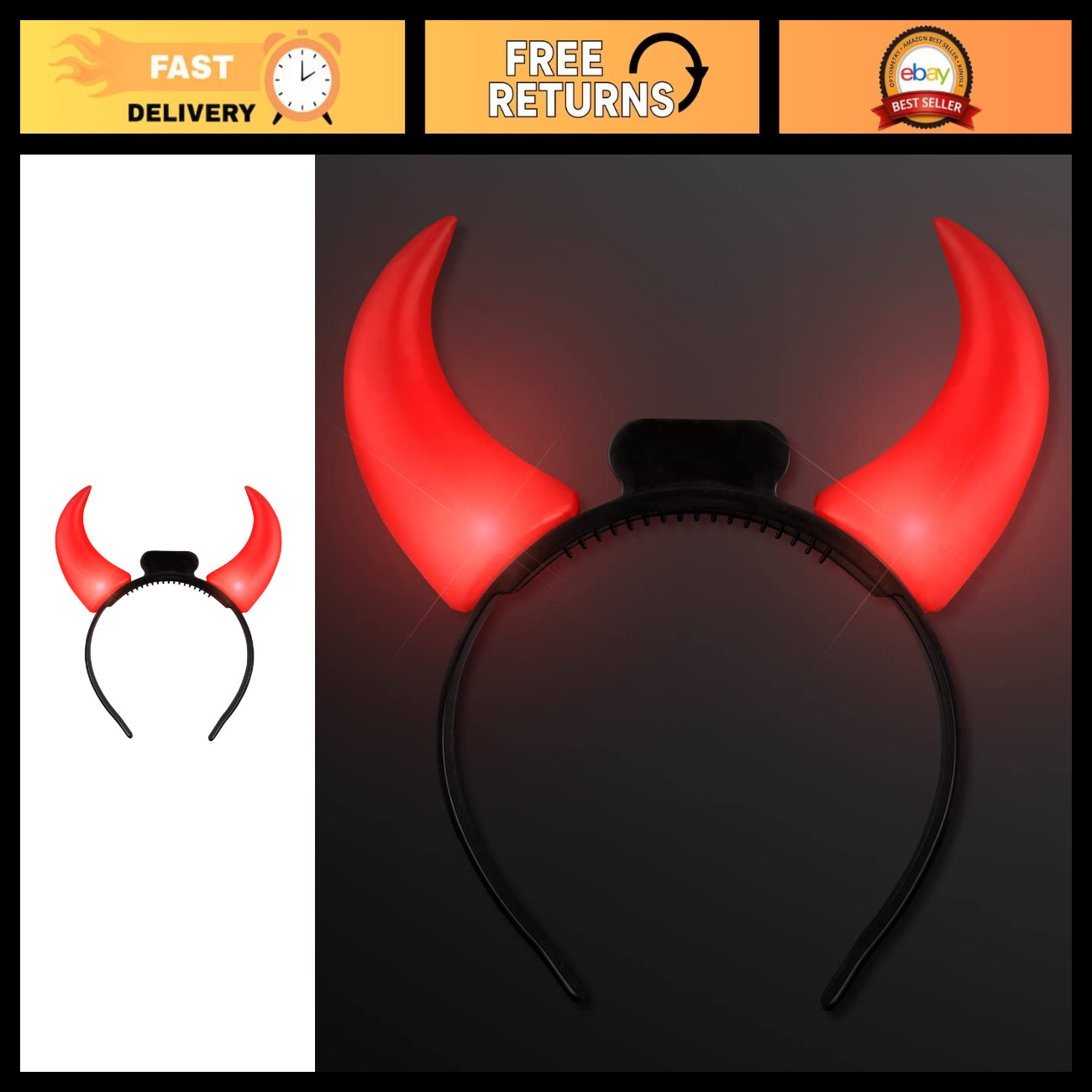 FlashingBlinkyLights Large Red Devil Horns Light Up Headbands