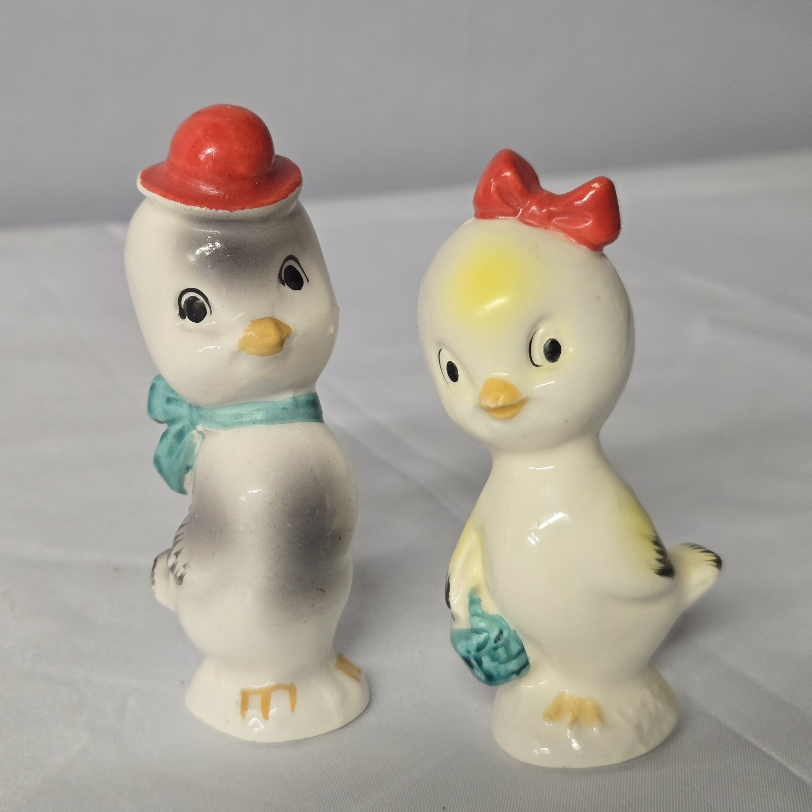 Vintage Mid Century Ceramic Anthropomorphic Duckling and Chick with Bows E22 Vintage Mid Century Ceramic Anthropomorphic Duckling and Chick with Bows E22