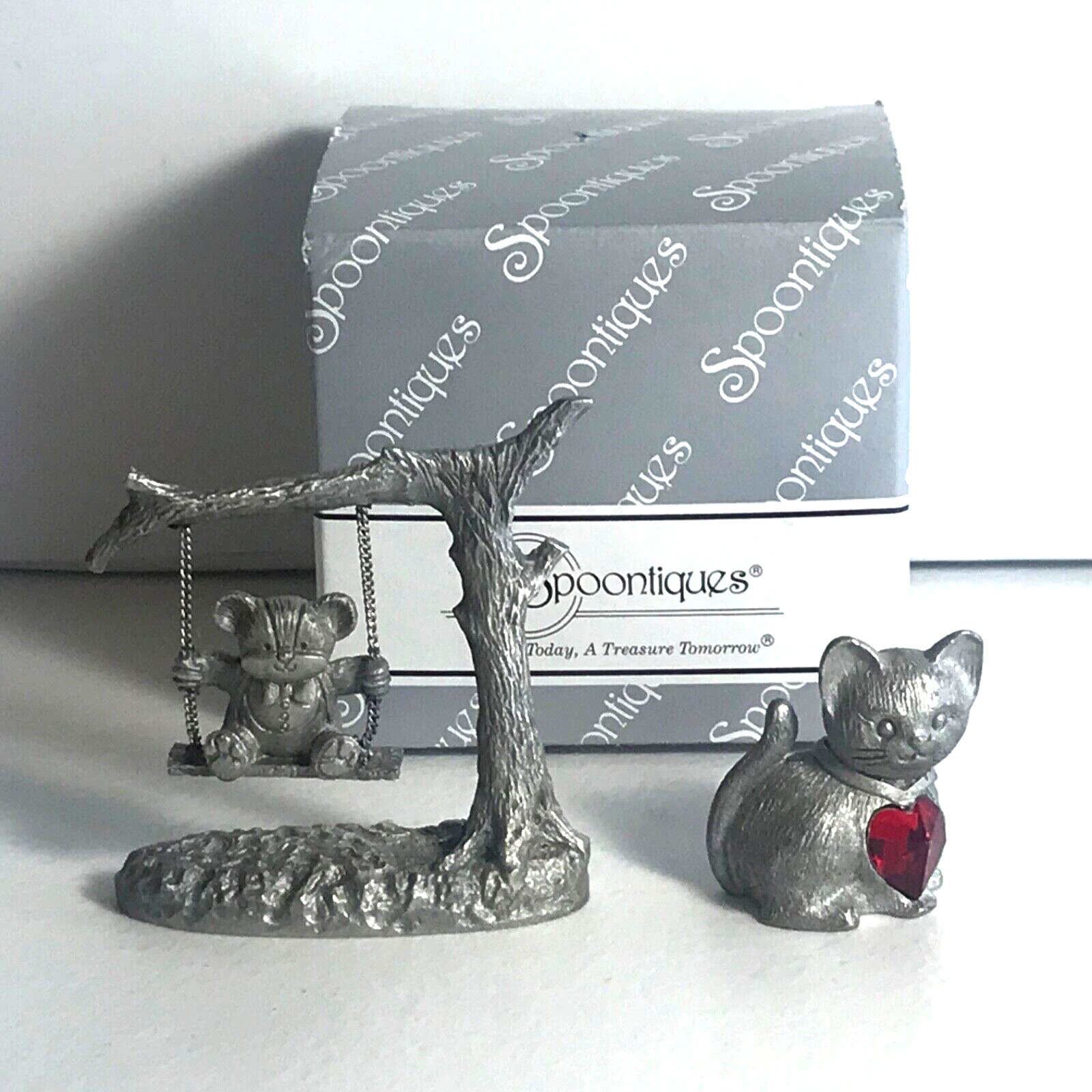 Spoontiques 396 Pewter Miniature Swinging Bear New In Box & Cat With Red Gem