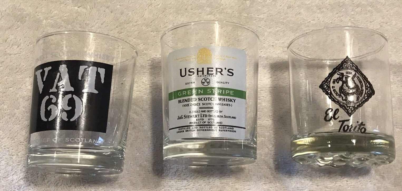 3 Advertising Barware Whisky Glasses:  VAT 69,  USHER\'S GREEN STRIPE & EL TORITO