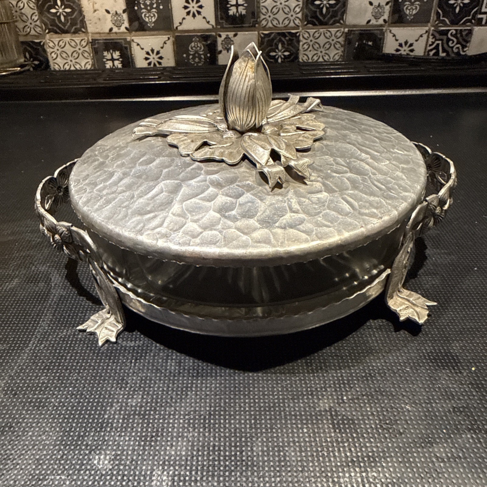 Vintage Rodney Kent hammered Aluminum Cover Glass Candy Dish 1930's Tulip Vintage Rodney Kent hammered Aluminum Cover Glass Candy Dish 1930's Tulip