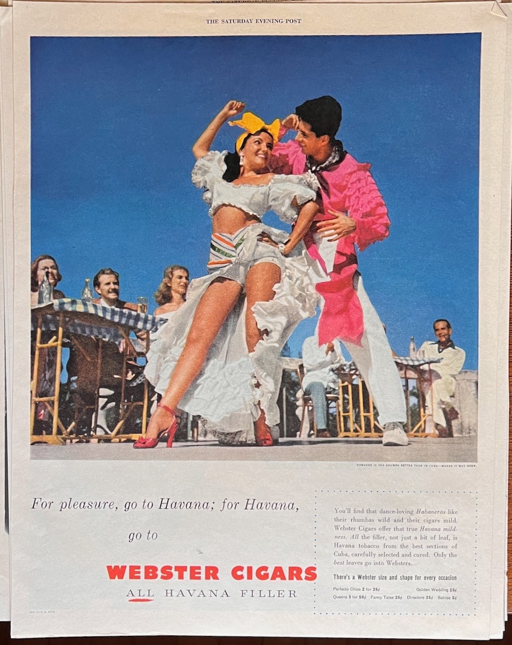 1951 magazine ad for Webster Cigars - colorful Rhumba dancers in Cuba
