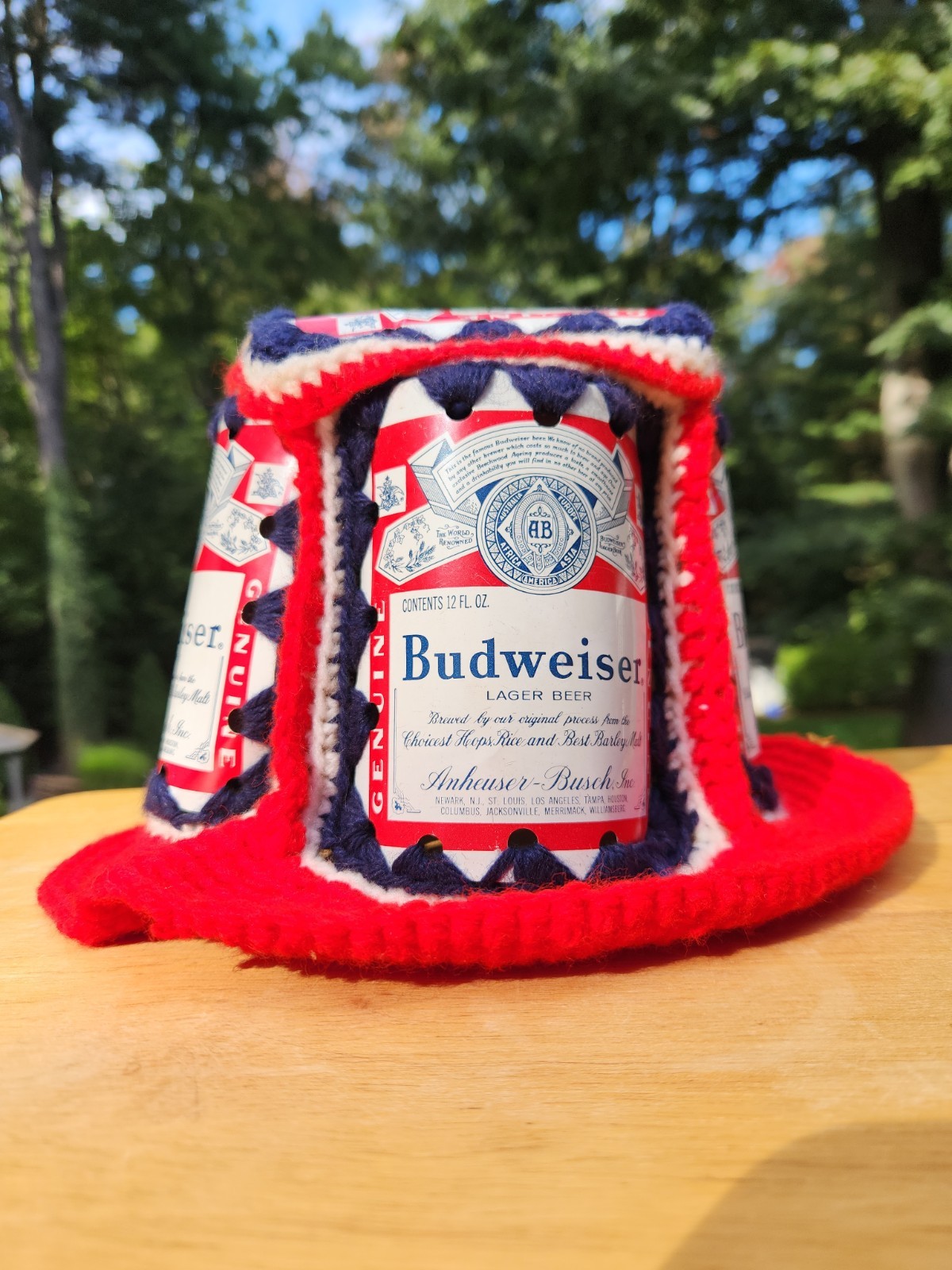 Vintage 70s Budweiser Beer Can Hat Crochet Bucket Hat Retro Handmade Red White Vintage 70s Budweiser Beer Can Hat Crochet Bucket Hat Retro Handmade Red White