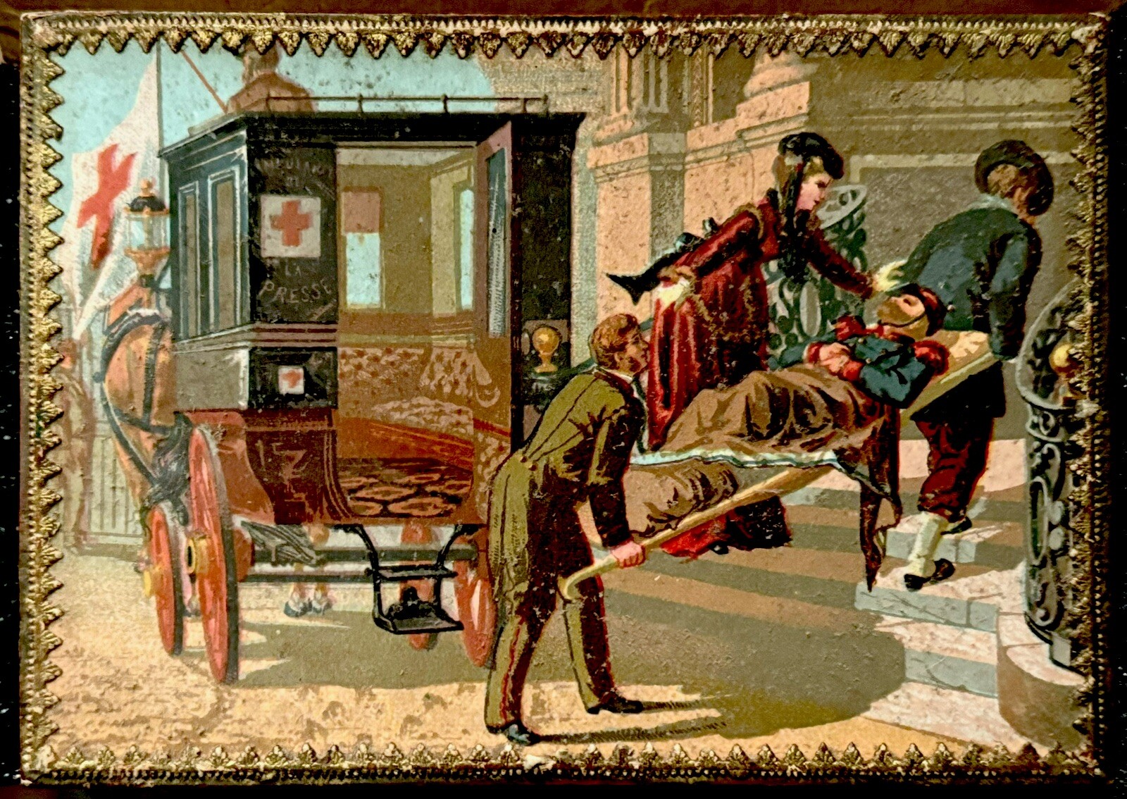 Rare c1870 French Red Cross Wartime Chocolate Box~Horse Drawn Ambulance~Hospital Rare c1870 French Red Cross Wartime Chocolate Box~Horse Drawn Ambulance~Hospital