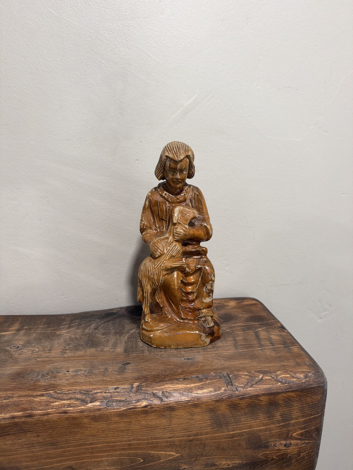 Vintage Hand Carved Wood Shepherd Boy with Lamb Figurine