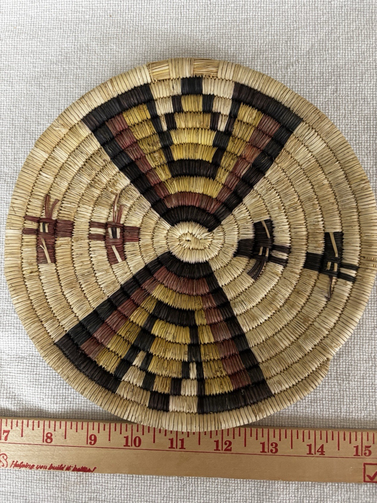 Vintage Southwestern Style Coiled Basket Plaque - Geometric Design - 8" Vintage Southwestern Style Coiled Basket Plaque - Geometric Design - 8"