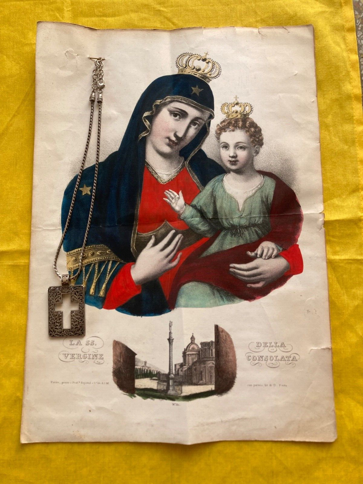 RARE Water Coloured Madonna della Consolata: BIG SILVER CROSS with SILVER CHAIN