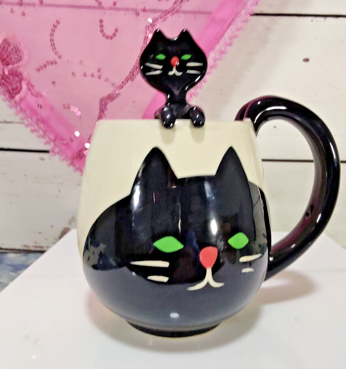 Black Kitty Cat Concombre Coffee Tea Mug with Black Kitty Spoon