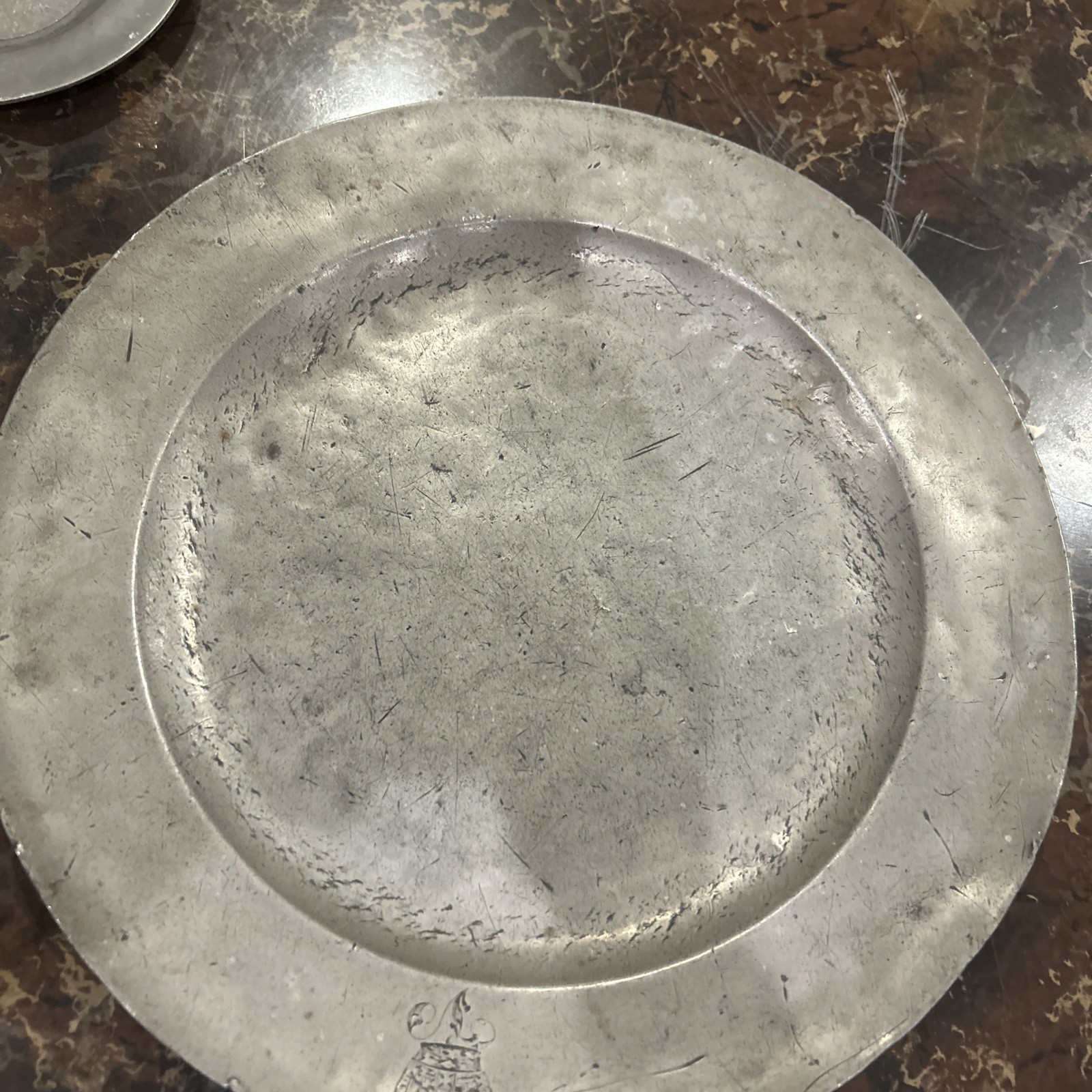 Large Antique 18thC English Pewter Charger 13.5" Platter Crowned X London Marks