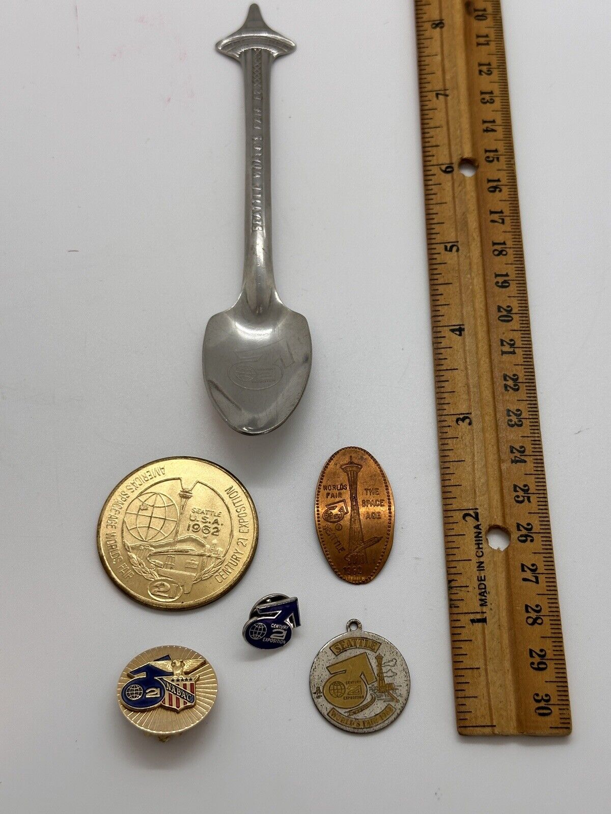 1962 Seattle Worlds Fair Lot SPACE NEEDLE SPOON, Penny, Lapel Pin, Coin, Earring
