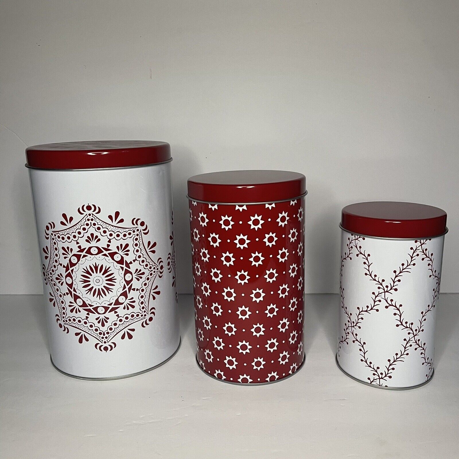 Ikea Holiday Tin Cannister Set of 3 Red White Christmas