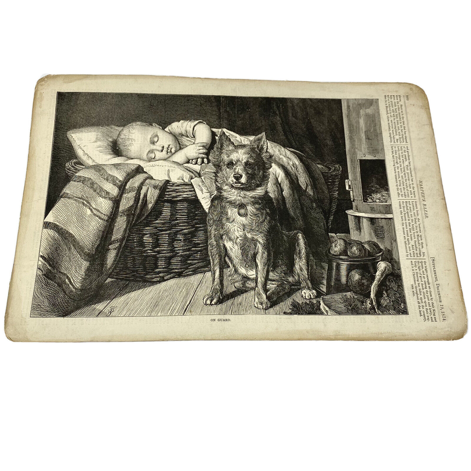 Antique 1874 Harpers Bazaar Supplement ON GUARD Terrier Dog & Baby Illustration