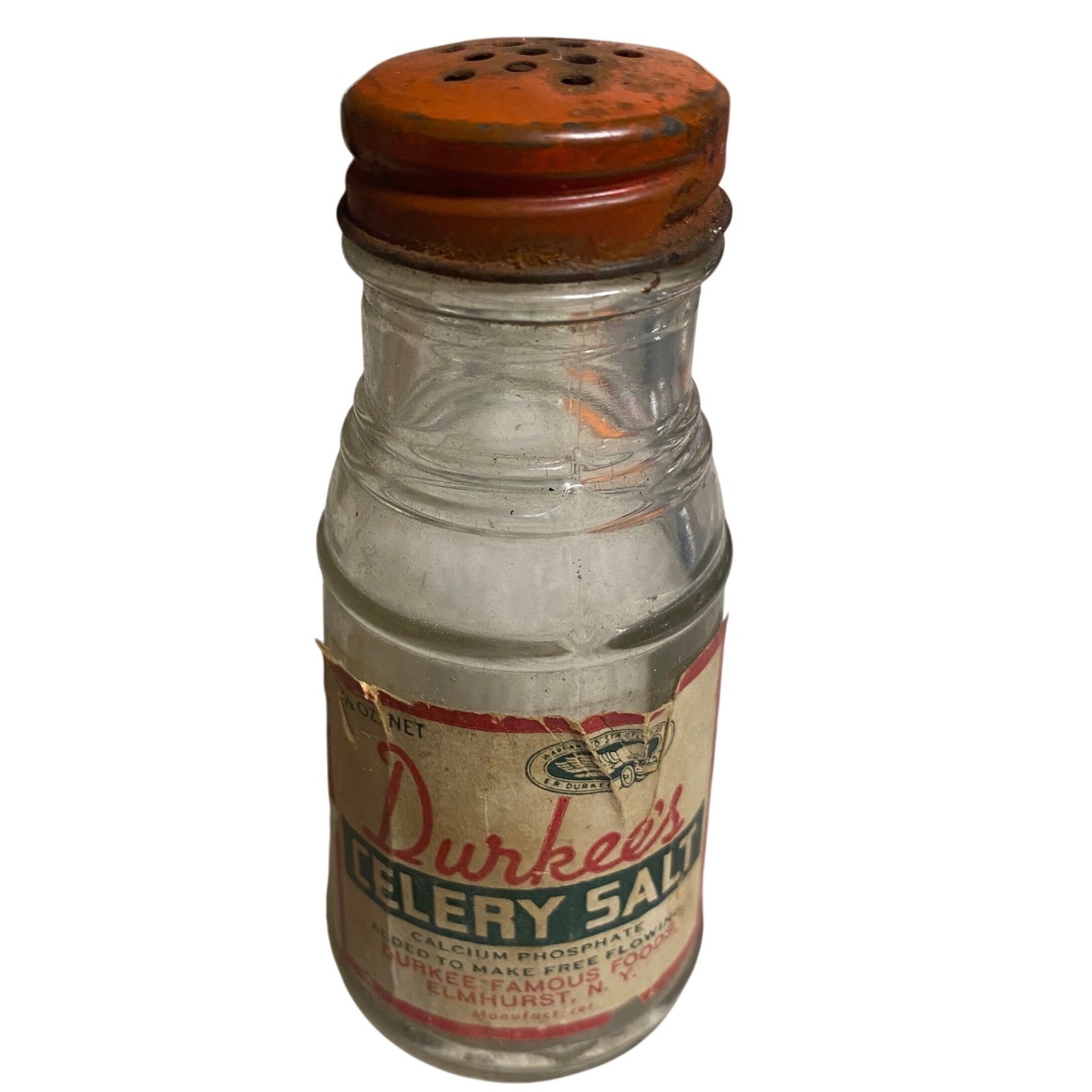 Vintage Durkees Celery Salt Glass Spice Jar Orange Metal Shaker Lid Elmhurst NY