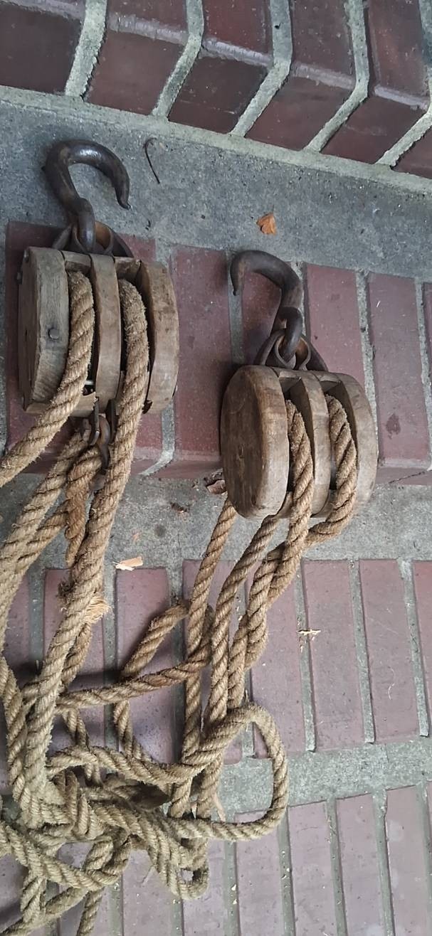 A Complete Vintage Set of Block and Tackle - Wooden Pulleys A Complete Vintage Set of Block and Tackle - Wooden Pulleys