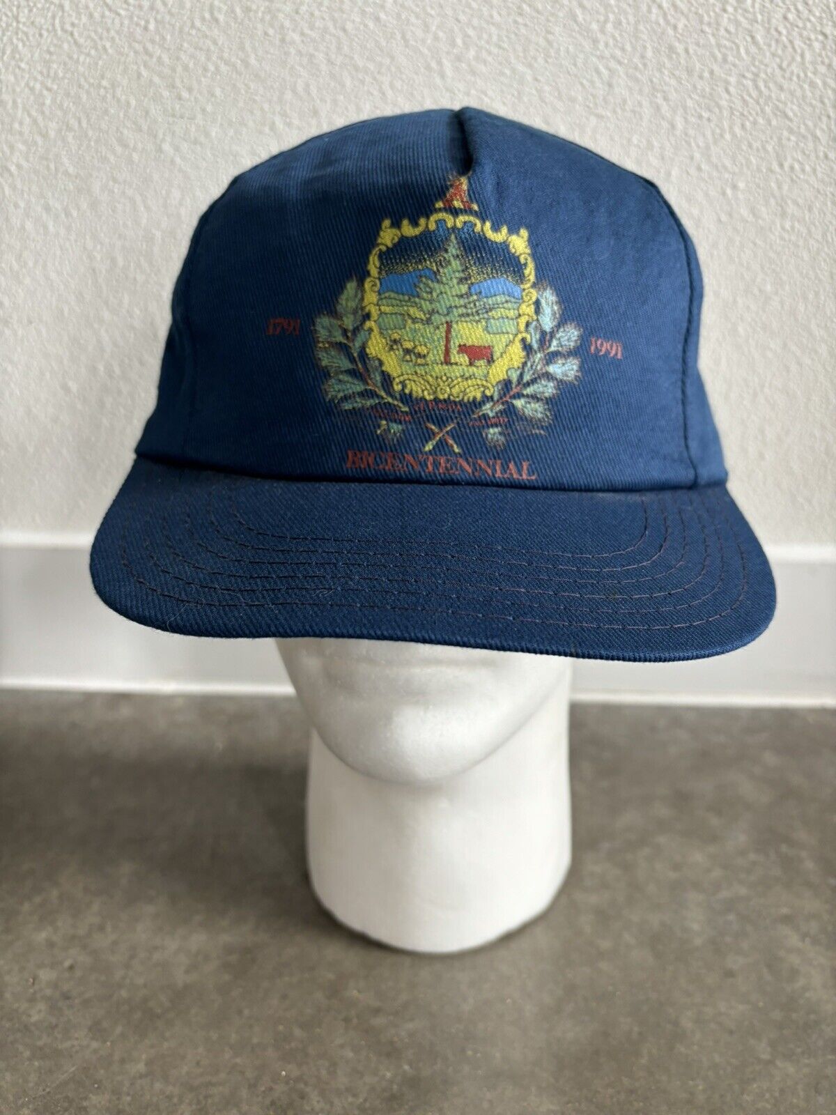 Vintage 1991 Vermont BICENTENNIAL Strapback Hat Blue 14th State 1791 - 1991