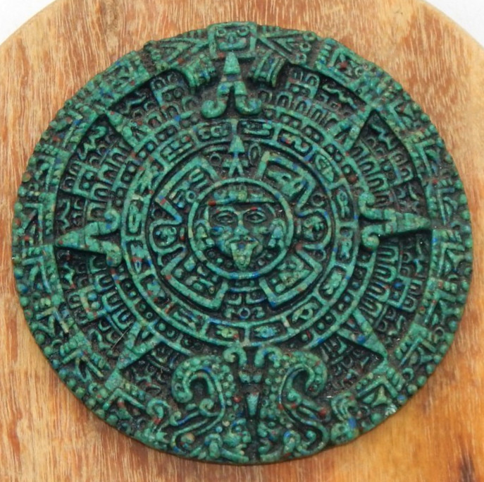 Vintage Aztec 3-D Crushed Green Malachite Sun Calendar Sun Face 5" Wall Plaque Vintage Aztec 3-D Crushed Green Malachite Sun Calendar Sun Face 5" Wall Plaque