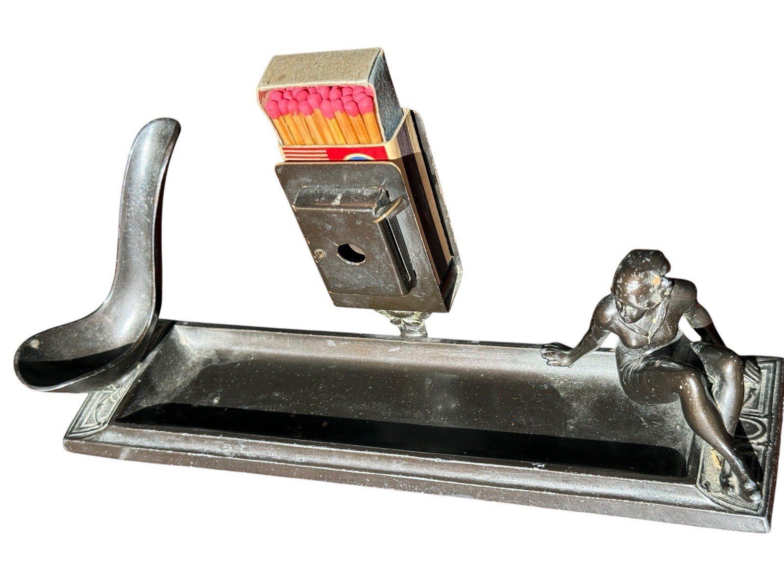 Art Deco L. V. Aronson Sitting Woman 1920’s Pipe Rest Cigar Cutter Match Holder Art Deco L. V. Aronson Sitting Woman 1920’s Pipe Rest Cigar Cutter Match Holder
