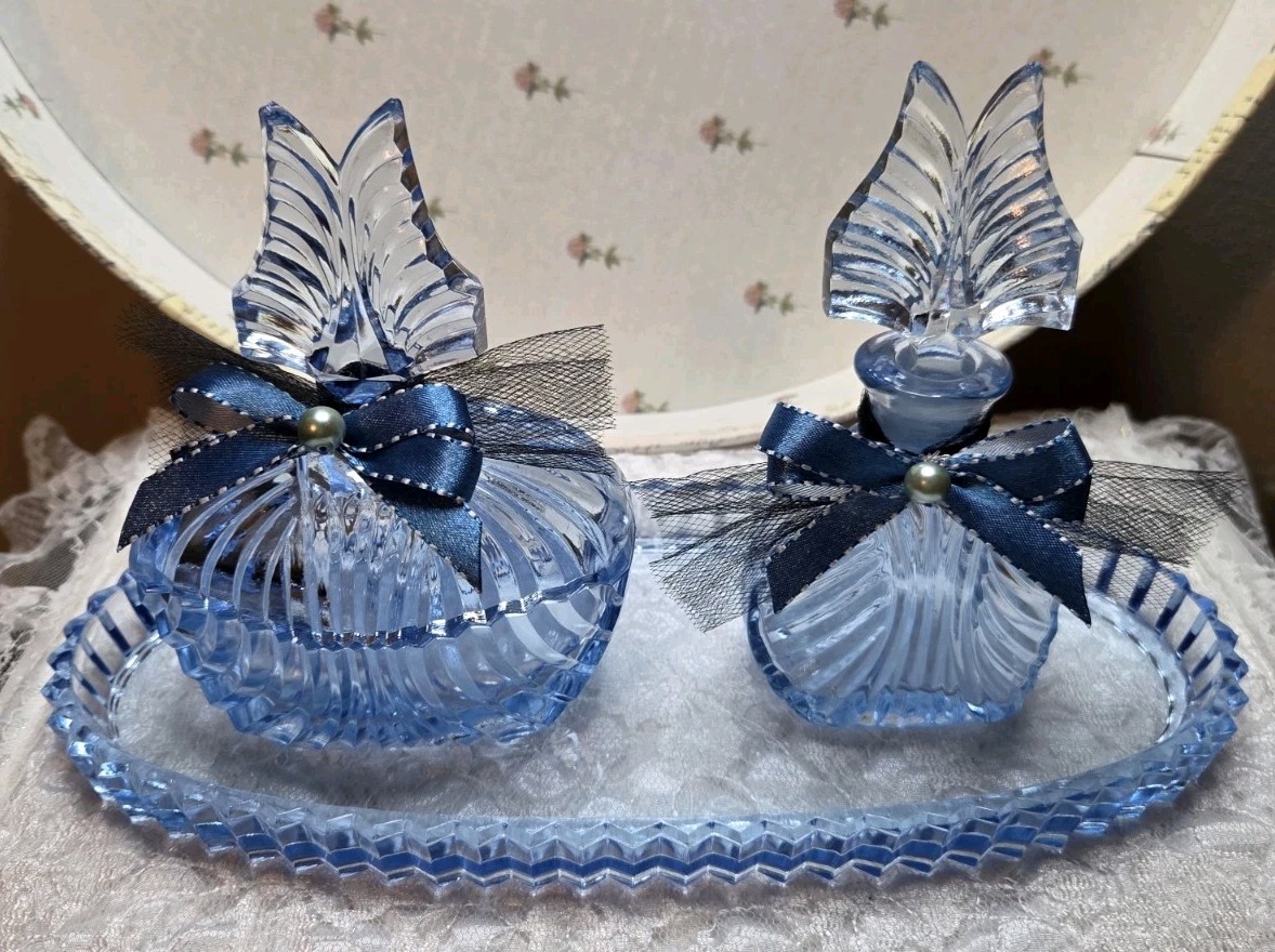 Viking Blue Glass Trinket Candy Perfume Bottles w Tray VTG 3 piece Vanity Decor