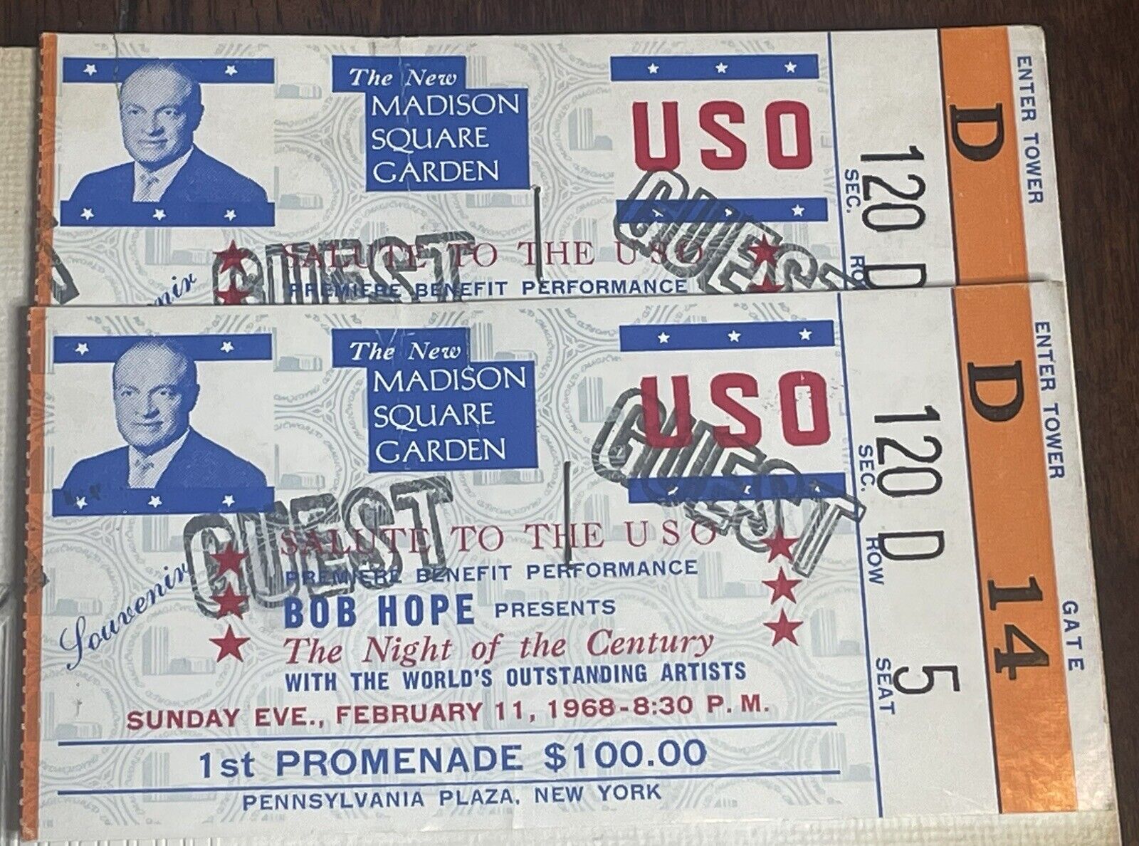 ‘Night Of The Century’ Madison Square Garden BOB HOPE USO TICKETS 1968 Program