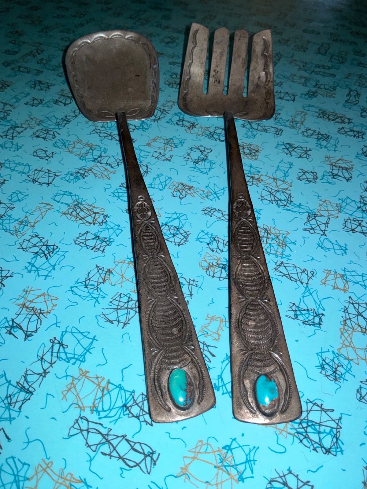 Rare Old Pawn Navajo Silver Stamped Spoon Fork Serving Set - Turquoise - 10 1/4" Rare Old Pawn Navajo Silver Stamped Spoon Fork Serving Set - Turquoise - 10 1/4"