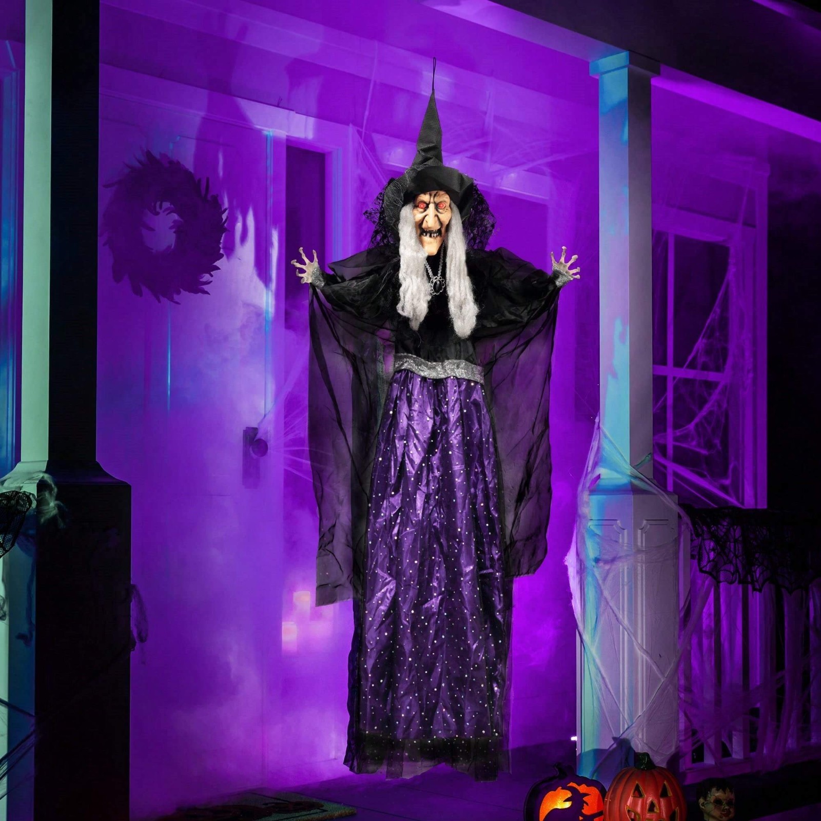 47" Animated Hanging Witch Halloween Prop Talking Sound Activated LED Eyes Decor