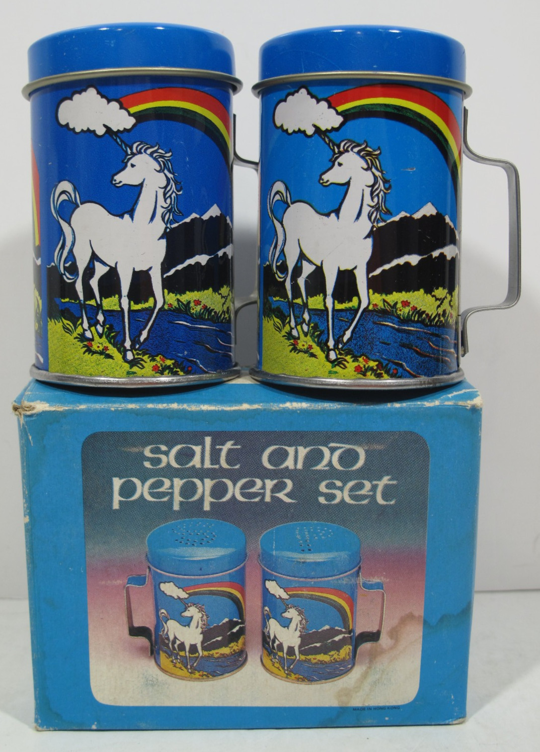 VTG 1970s TIN UNICORN & RAINBOW SALT & PEPPER SHAKER~Handles~Box 3” Fantasy