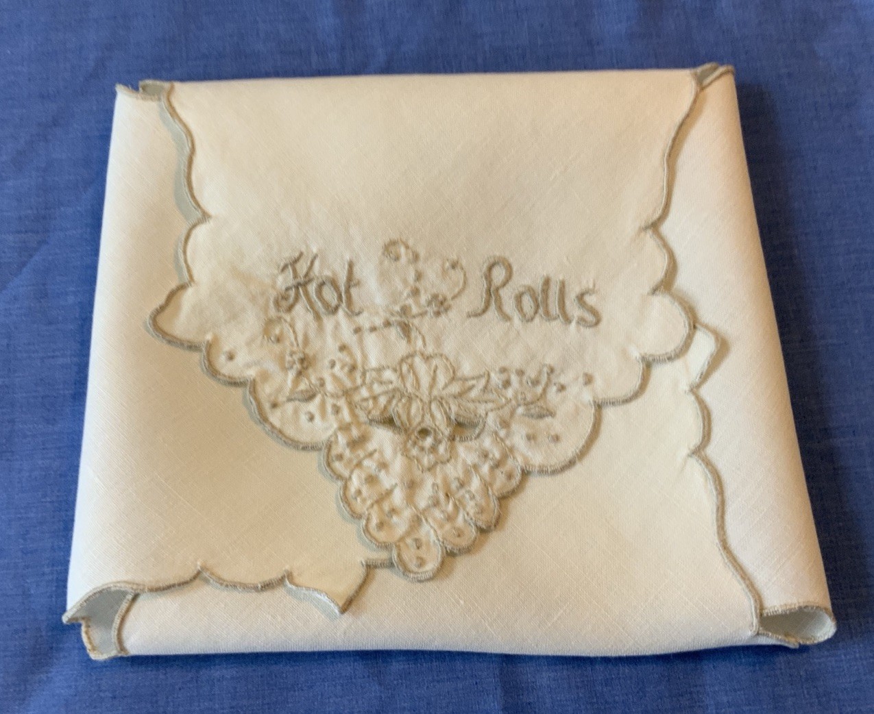Vintage Square Doily Or Hot Rolls Liner For Basket, Off White, Embroidery