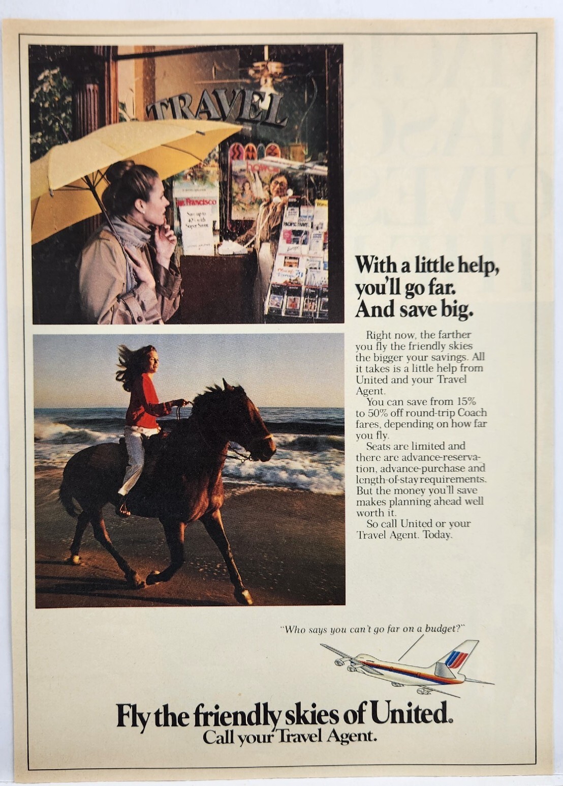 1979 United Airlines Horse On Beach Fly The Friendly Skies Original Print Ad 70s 1979 United Airlines Horse On Beach Fly The Friendly Skies Original Print Ad 70s
