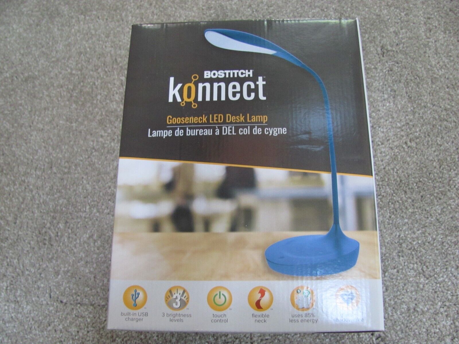 New Bostitch Konnect Gooseneck LED Desk Lamp with Built-In USB Charger Blue