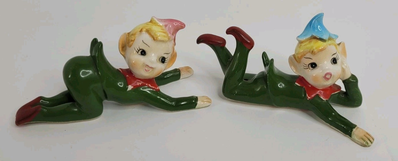 2 Vintage Green Pixie Elves Elf Figurines Collectible Christmas Japan 2 Vintage Green Pixie Elves Elf Figurines Collectible Christmas Japan