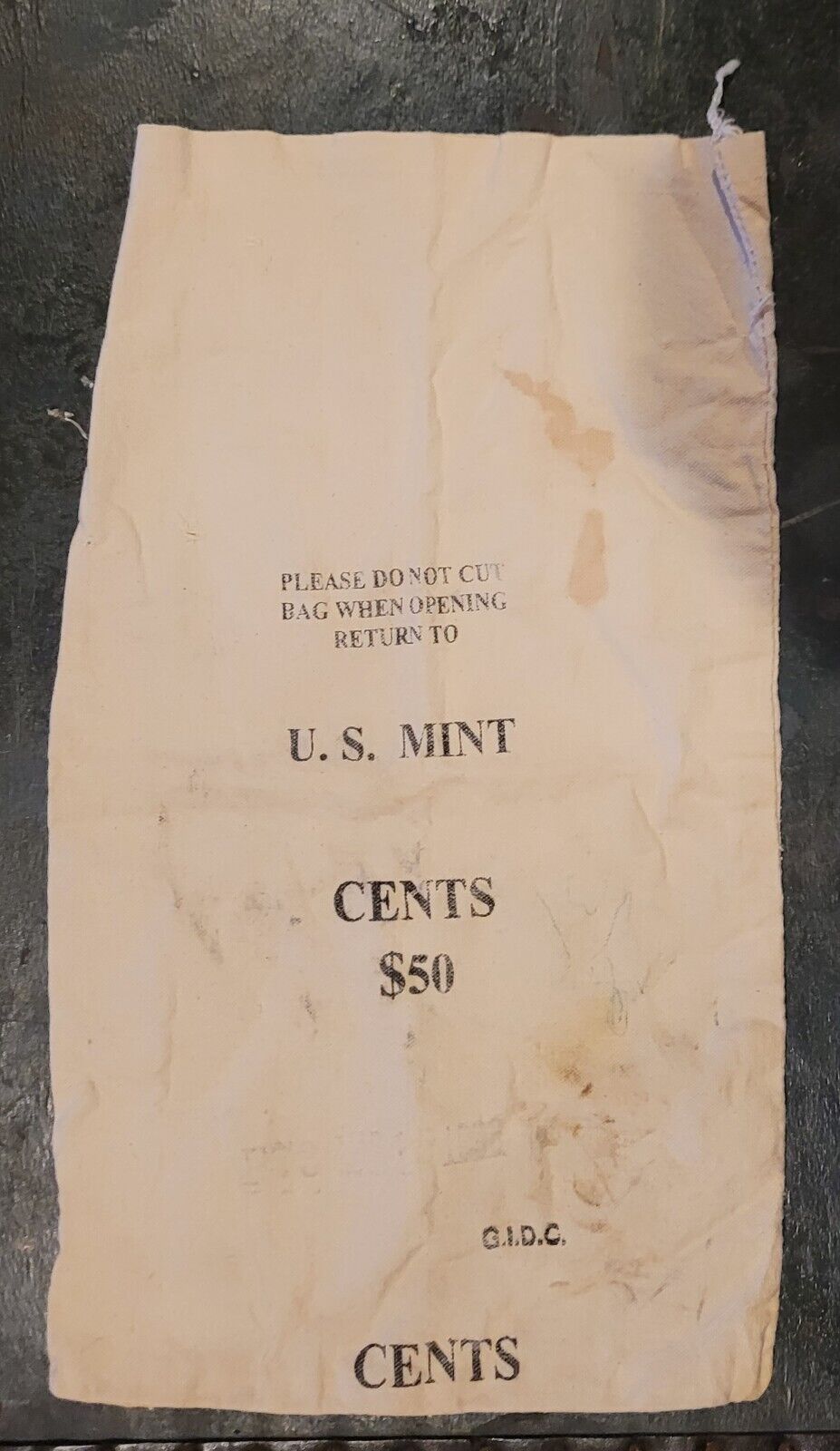 Vintage Canvas Coin Bag U.S. Mint Cents $50 About 17 in x 10 in - B