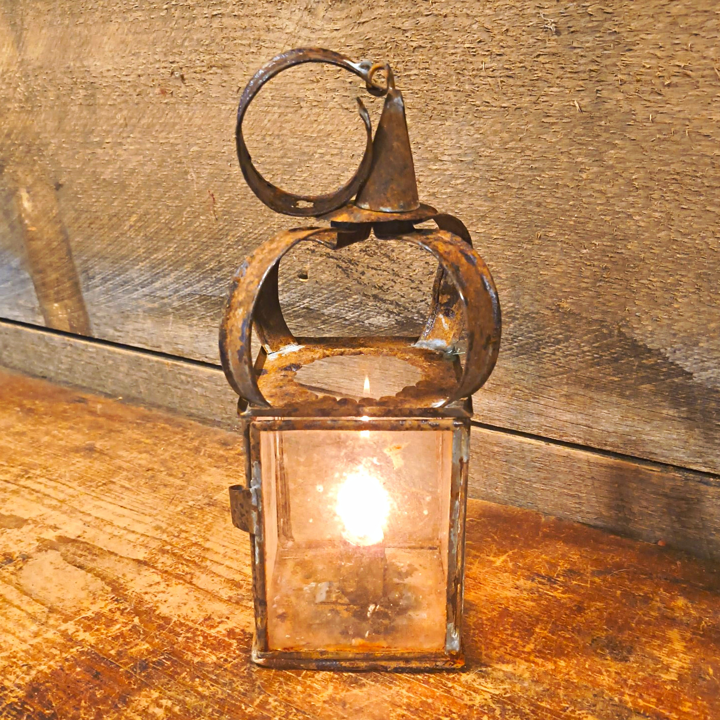 Antique 18th/Early 19thC Primitive Tin Glass Candle Lantern 4"x11" Antique 18th/Early 19thC Primitive Tin Glass Candle Lantern 4"x11"