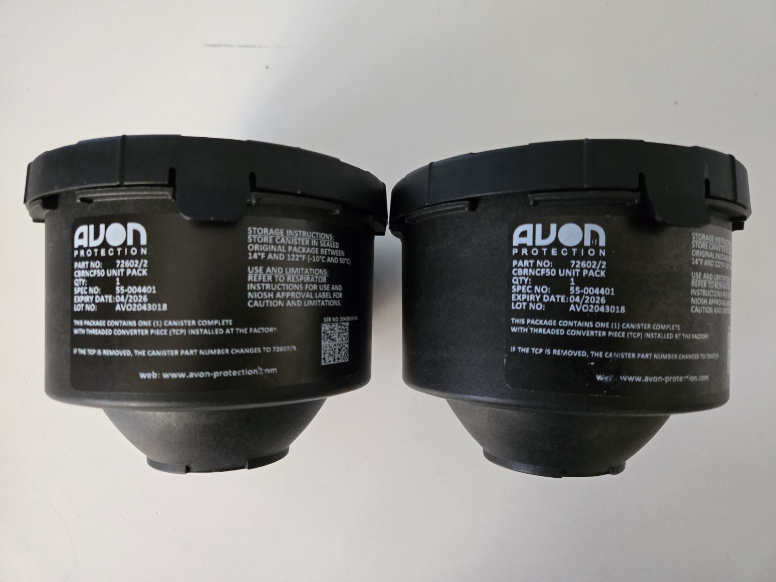 PAIR of SEALED Avon CBRNCF50 Gas Mask Filter Canister 72602/2 Expired 4/2026
