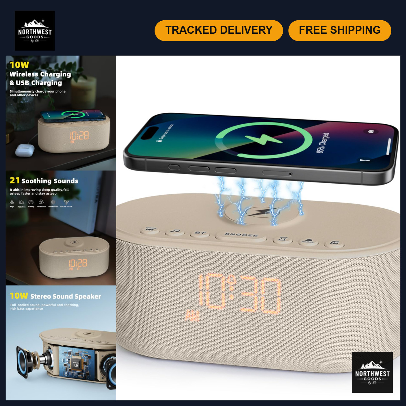 Odokee Sound Machine Alarm Clock for Bedrooms with Wireless Charging