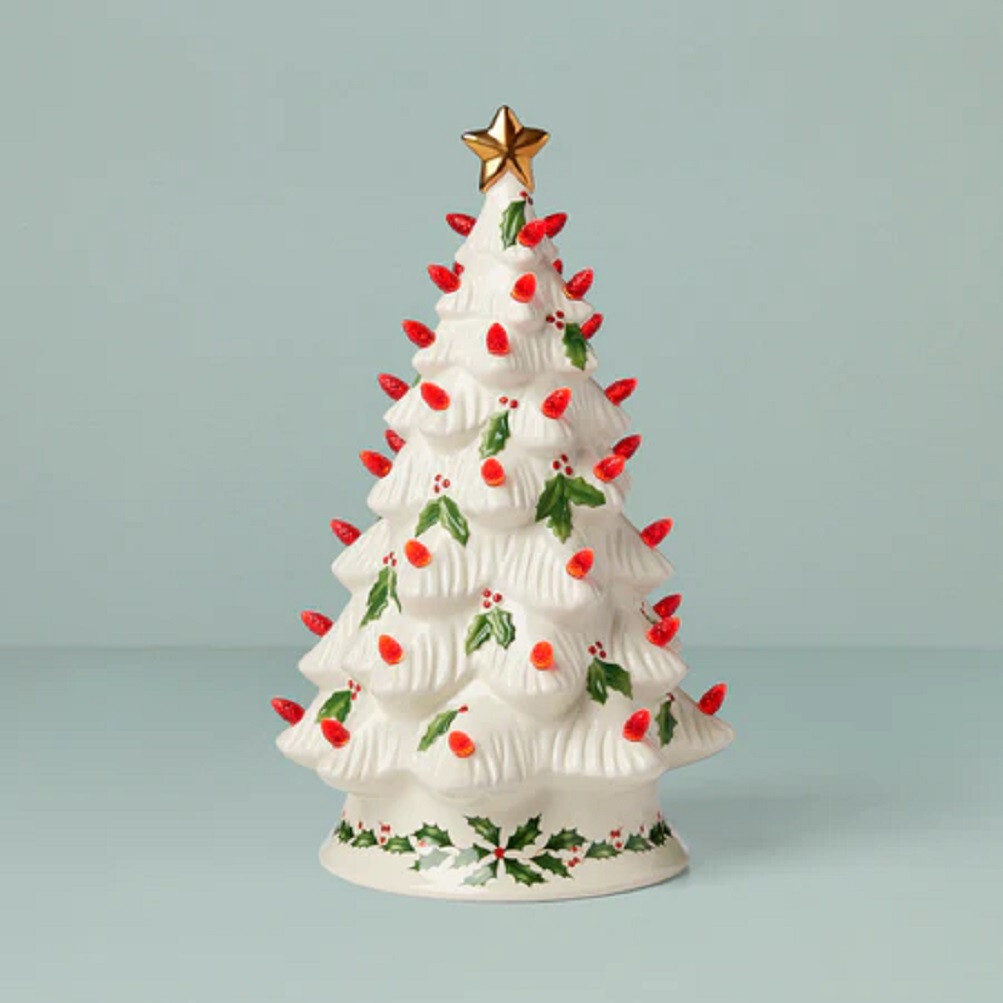 Lenox China Holiday TREASURED TRADITIONS Light Up Tree - Red Bulbs - 12" - N/O