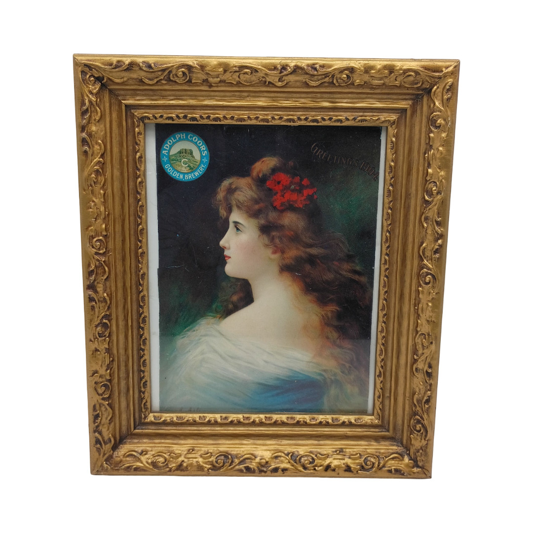 Vtg Adolph Coors Golden Brewery Greetings 1904 Lady Litho Print Gilt Frame Vtg Adolph Coors Golden Brewery Greetings 1904 Lady Litho Print Gilt Frame