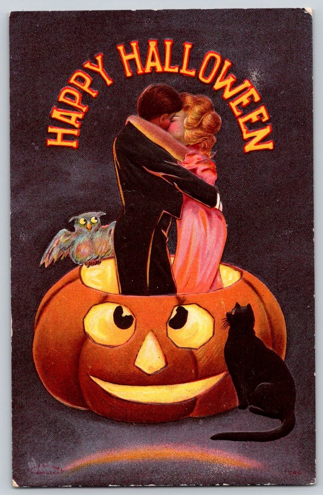 Antique Halloween Postcard Couple Kissing in Jack-O-Lantern Black Cat Sanders Antique Halloween Postcard Couple Kissing in Jack-O-Lantern Black Cat Sanders
