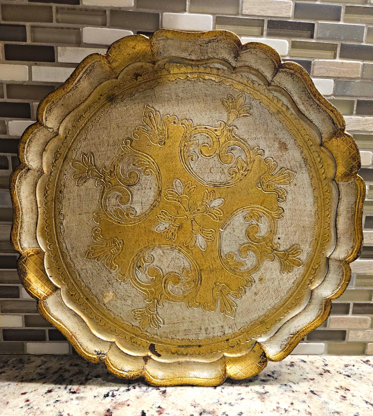 Vintage Italian Florentine  Serving Tray Round Gold Gilt & Cream Scalloped