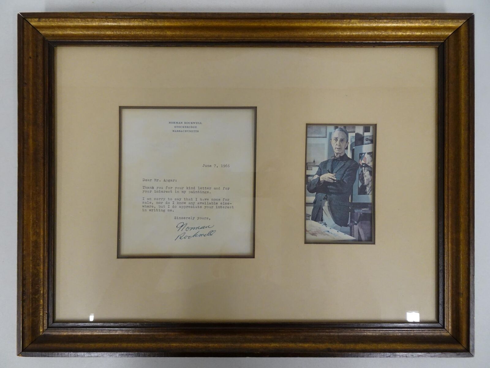 Norman Rockwell Signed Framed Letter and Picture June 1966 Stockbridge MA