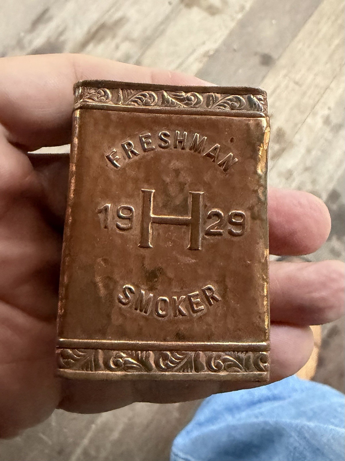 Antique 1920’s Hammered Copper Harvard Freshmen Fraternity Matchbox Case Cover