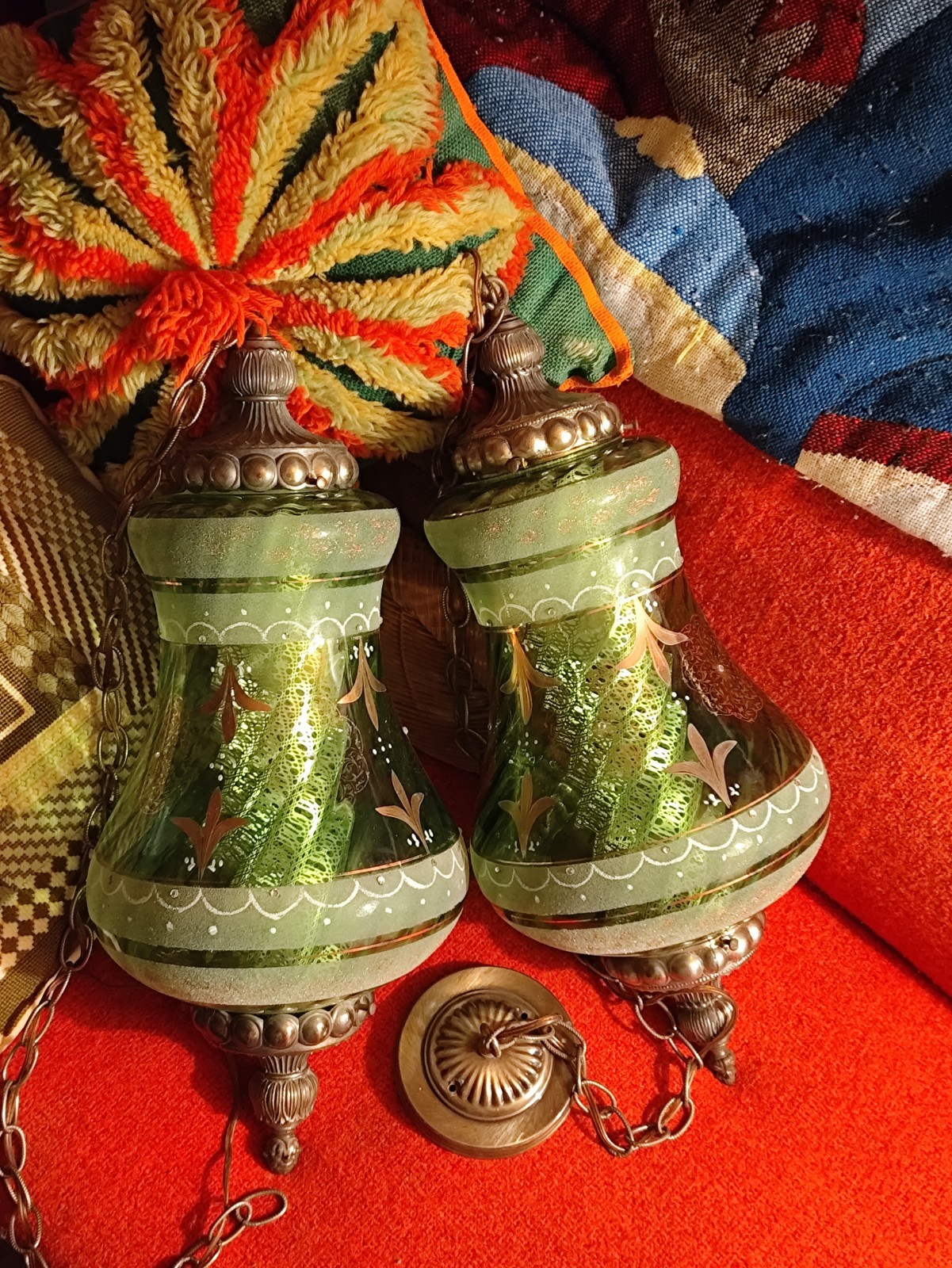 FALKENSTEIN PAIR Huge Vintage Regency Ornate Jeweled/Painted Glass SWAG Lamps