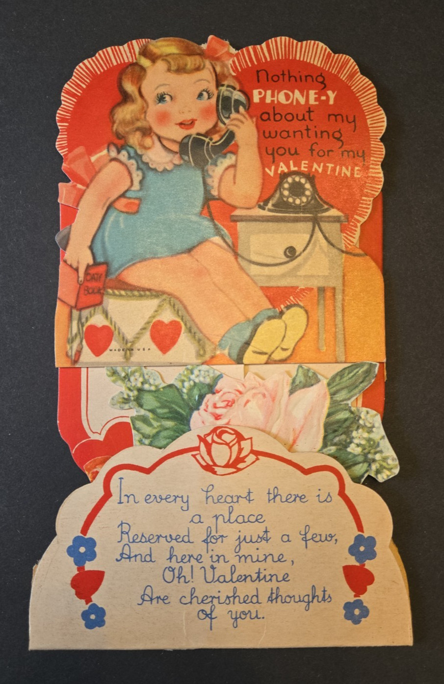 Vintage 1940s Mechanical Valentine Card Stand Up 3D Honeycomb Girl Phone Unused