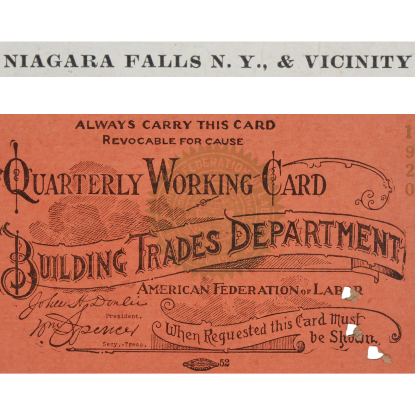 NIAGARA FALLS Union Building Trades Work Card 1920 Labor Antique NIAGARA FALLS Union Building Trades Work Card 1920 Labor Antique