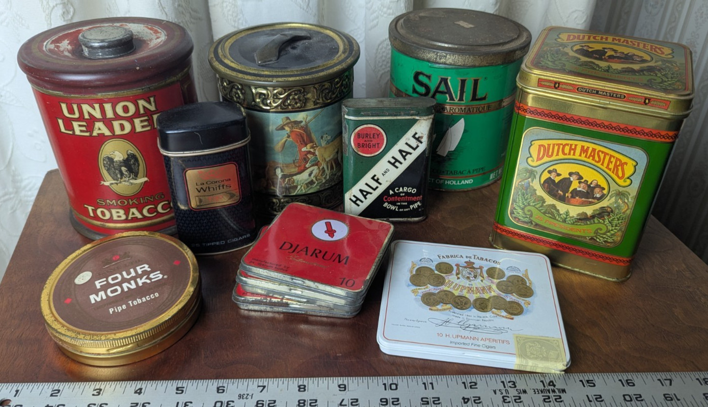 9 VTG Advertising Tobacco Tins Union Leader, Half & Half, Sail, Dutch Masters 9 VTG Advertising Tobacco Tins Union Leader, Half & Half, Sail, Dutch Masters