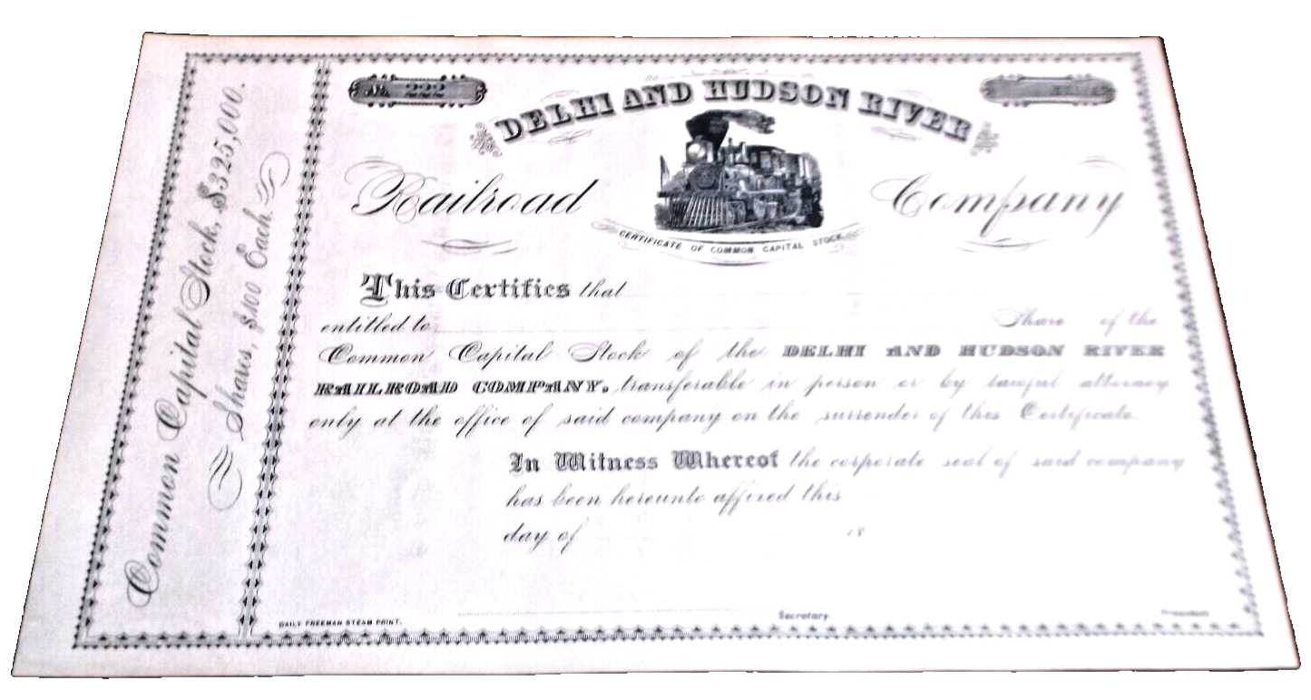 1870's ELMIRA STATE LINE RAILROAD UNISSUED CAPITAL STOCK CERTIFICATE