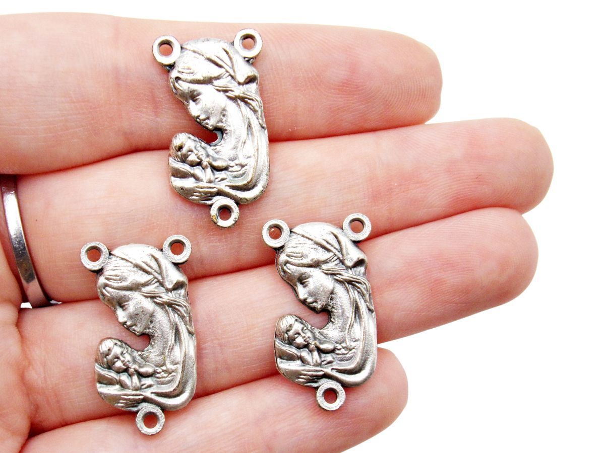 Silver Tone Lot of 3 Madonna Holding Child Medal Rosary Parts Centerpiece 1 In