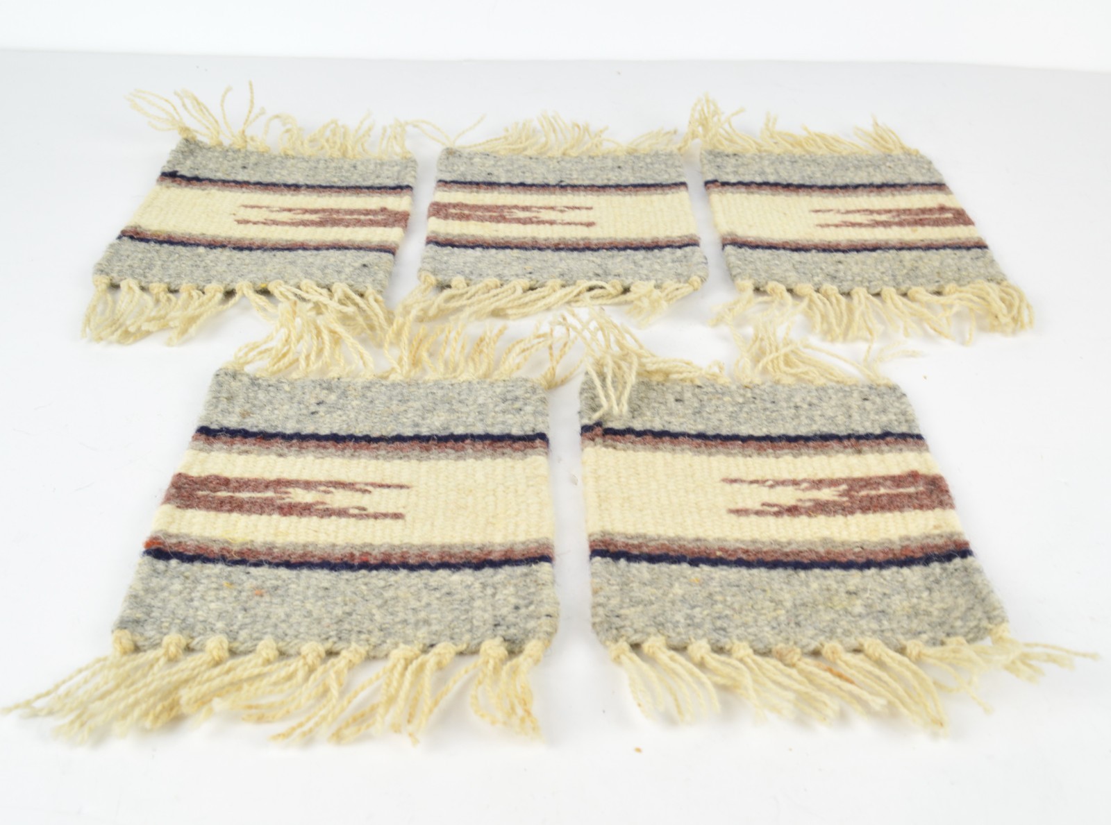 VTG Southwestern Native American Style Woven Wool Mini Rug Coasters Set Of 5 VTG Southwestern Native American Style Woven Wool Mini Rug Coasters Set Of 5