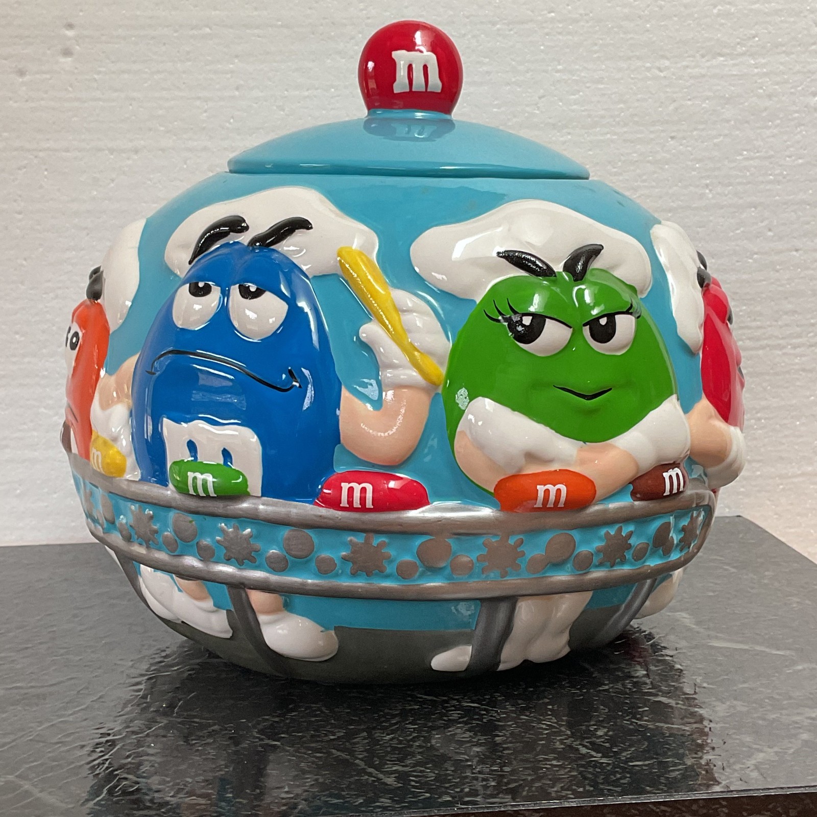 Vintage 2002 M&M's Blue Bakery Chef Baker Ceramic Cookie Jar Candy Jar 7.5" Vintage 2002 M&M's Blue Bakery Chef Baker Ceramic Cookie Jar Candy Jar 7.5"