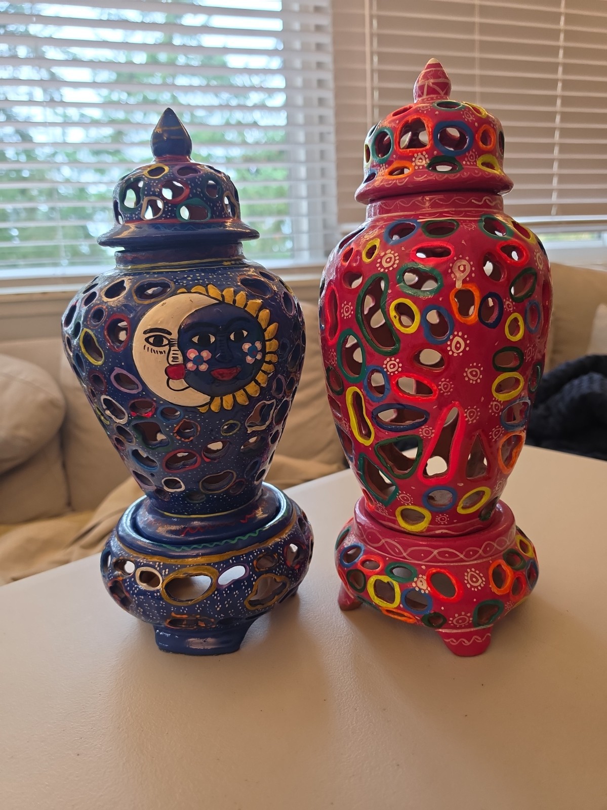 Vintage Mexican Terracotta Pierced Lantern Ginger Jar Pair Celestial Sun... Vintage Mexican Terracotta Pierced Lantern Ginger Jar Pair Celestial Sun...
