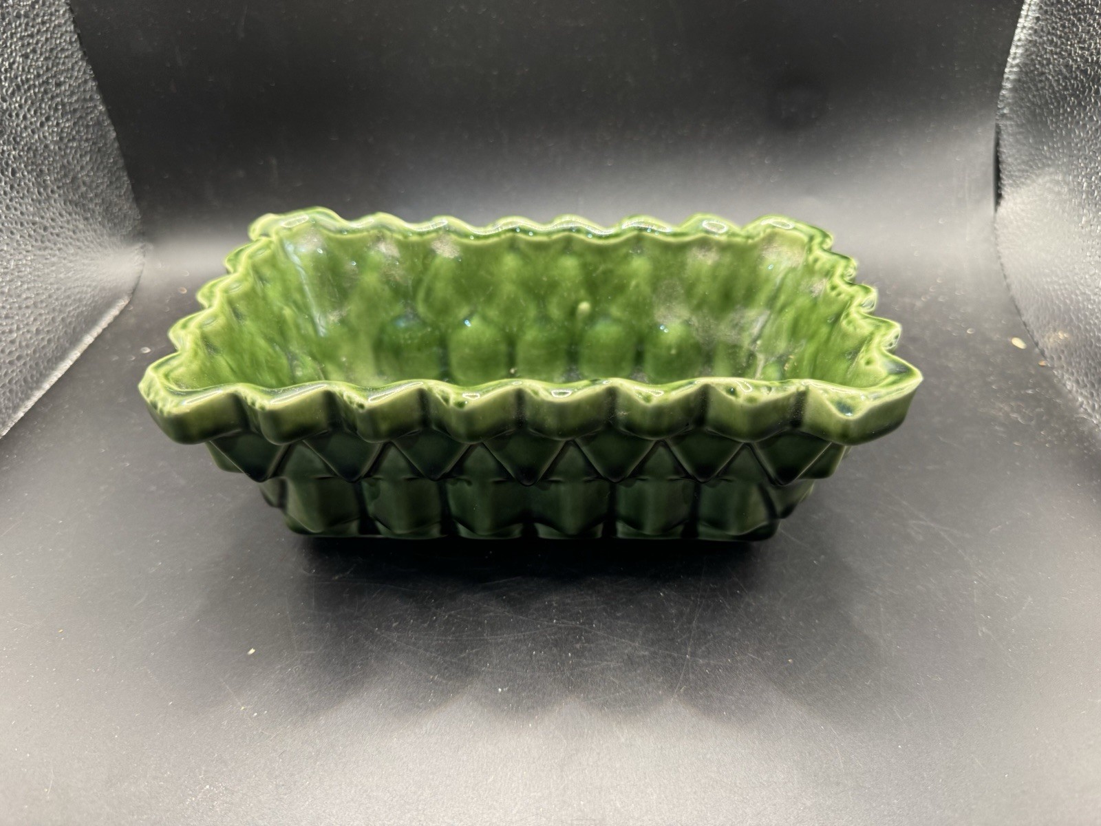 Vintage UPCO USA Green Ceramic Planter 101-7 Diamond Quilt Ruffled Edge Bowl Vintage UPCO USA Green Ceramic Planter 101-7 Diamond Quilt Ruffled Edge Bowl